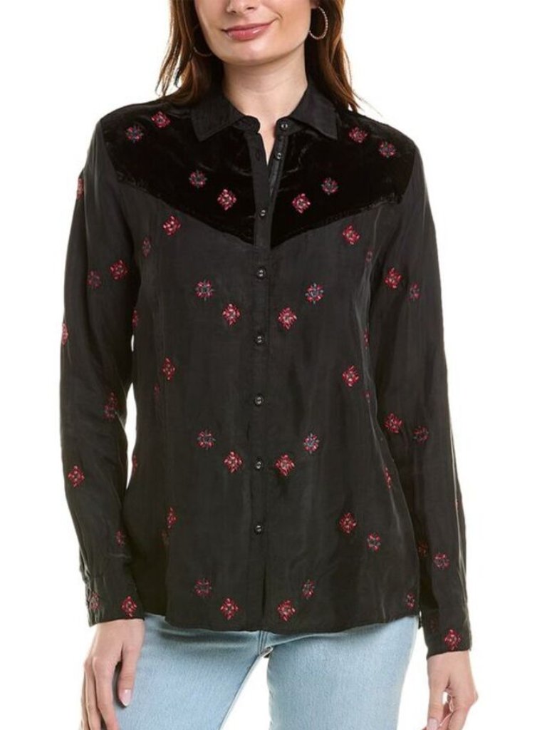 Johnny Was Workshop L Maxine Western Velvet Yoke Floral Blouse Cupra Silk